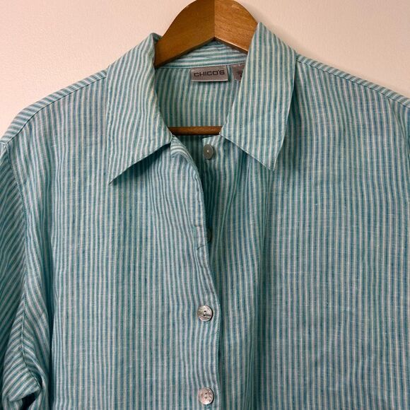 Chico’s 100% Linen Button Down Shirt Women’s Size 3‎ (XL) Aqua Blue White Stripe - Picture 2 of 9